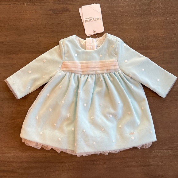 Mayoral Other - New Infant Baby Gilrs Long Sleeve Mint Tulle Star Embroidered Holiday Dress